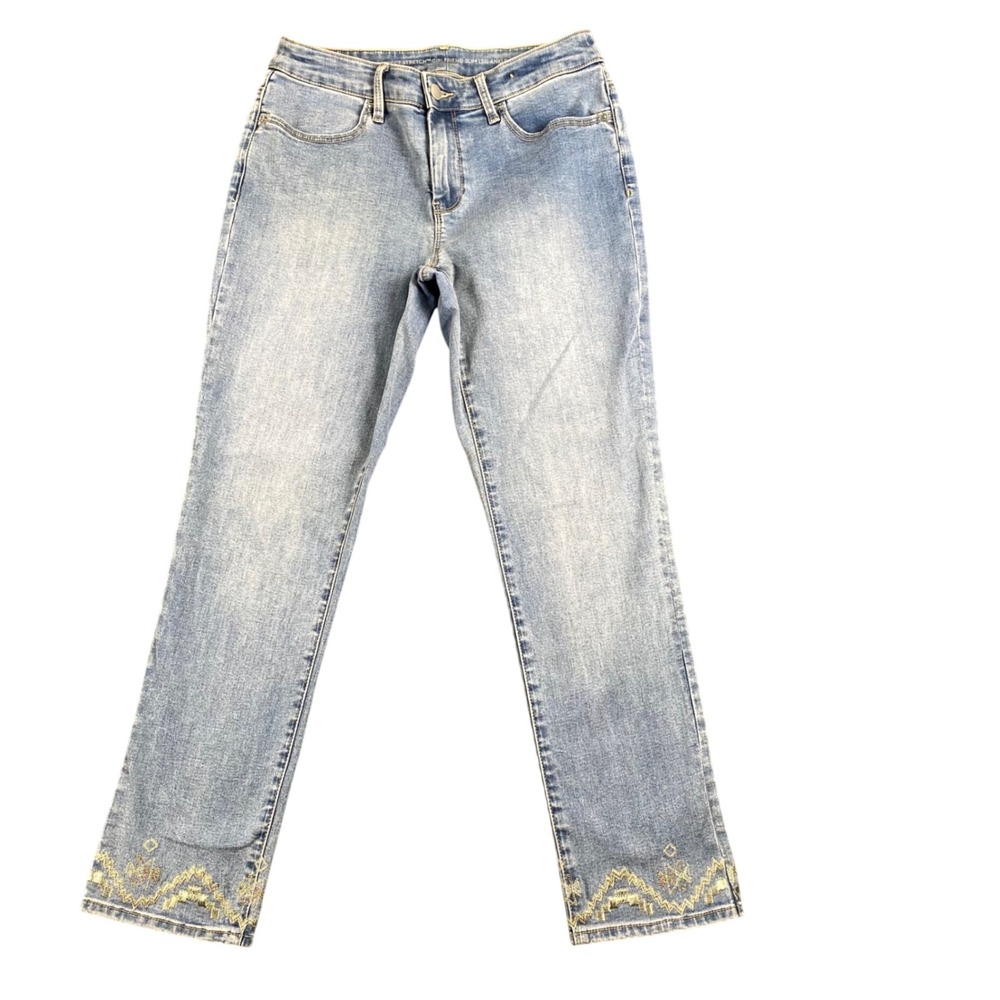 Chicos Perfect Stretch Girlfriend Slim Leg Ankle Jeans Blue Embroidered Hem 00